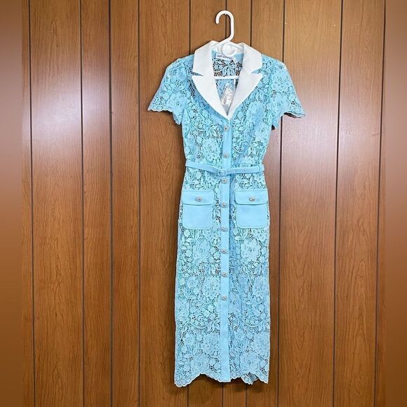 SELF-PORTRAIT Cord Belted Lace Midi Shirtdress size 0 - Picture 3 of 12